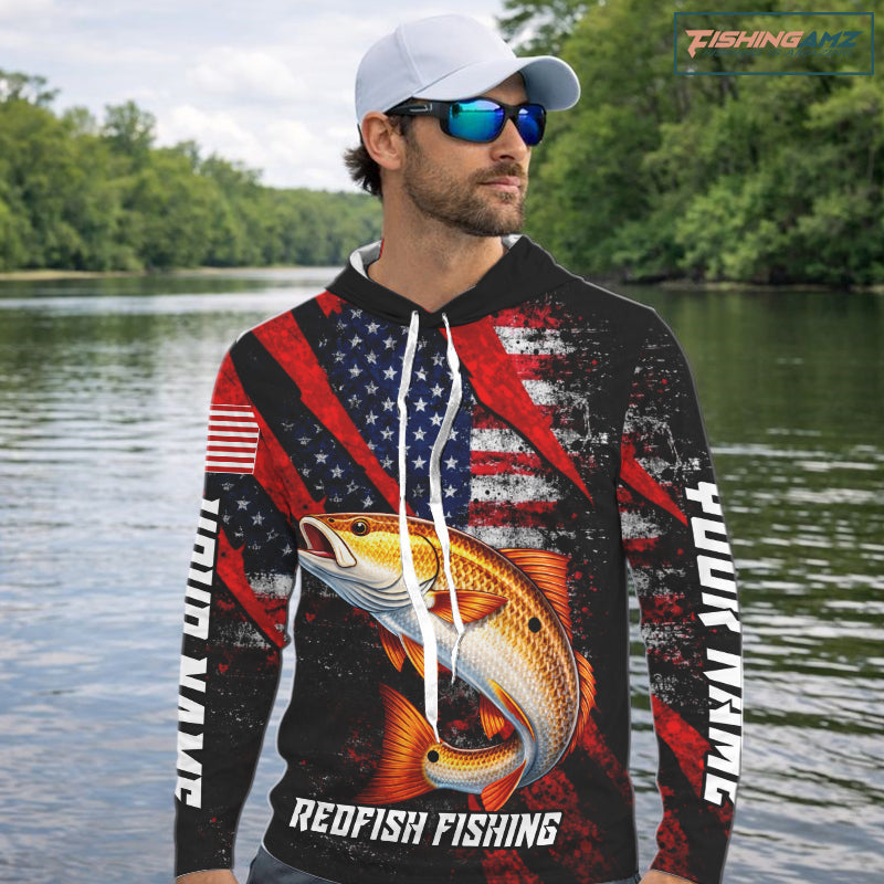 Patriotic redfish fishing jersey, fishing shirts long sleeve hooded custom name for men