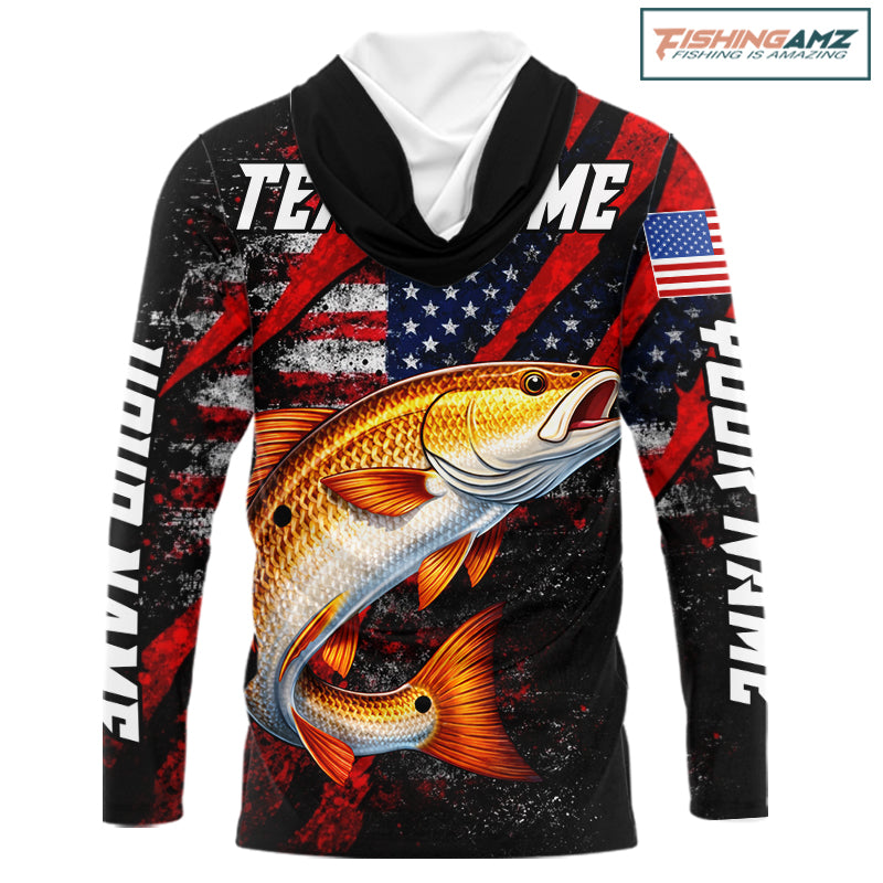 Patriotic redfish fishing jersey, fishing shirts long sleeve hooded custom name for men