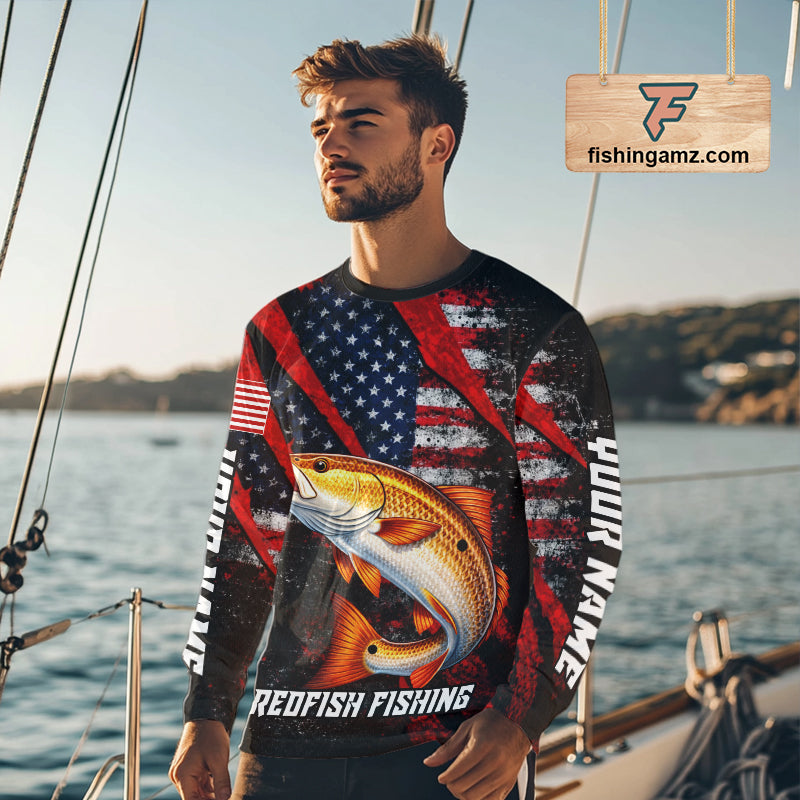 Patriotic redfish fishing jersey, fishing shirts long sleeve custom name for men