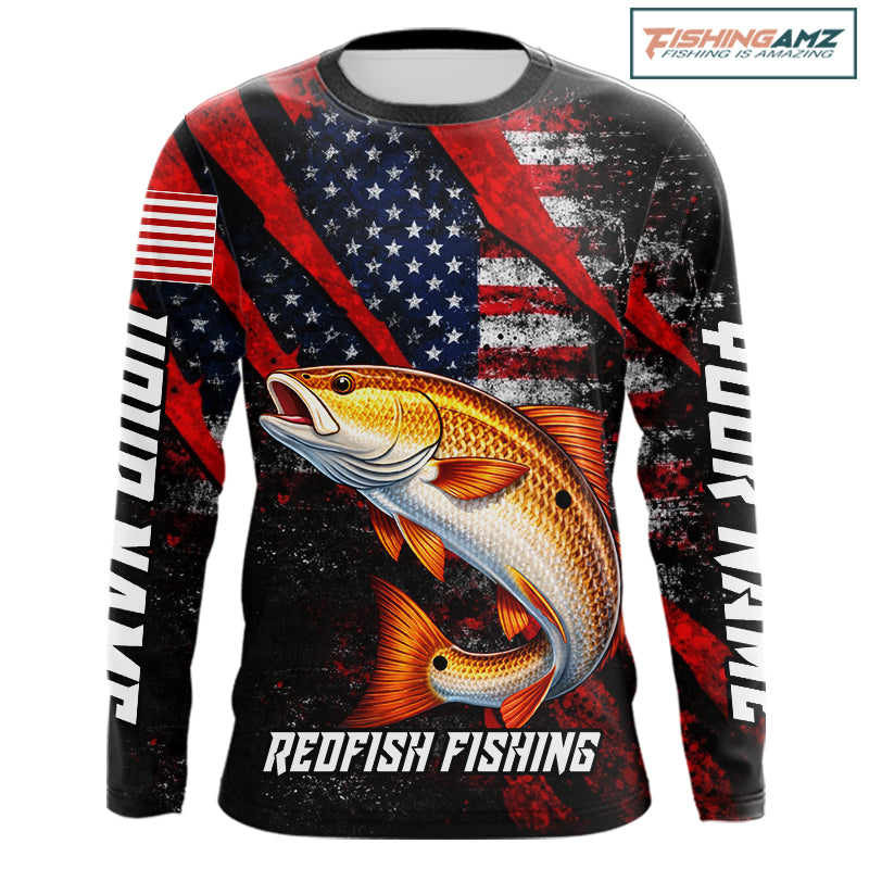 Patriotic redfish fishing jersey, fishing shirts long sleeve custom name for men