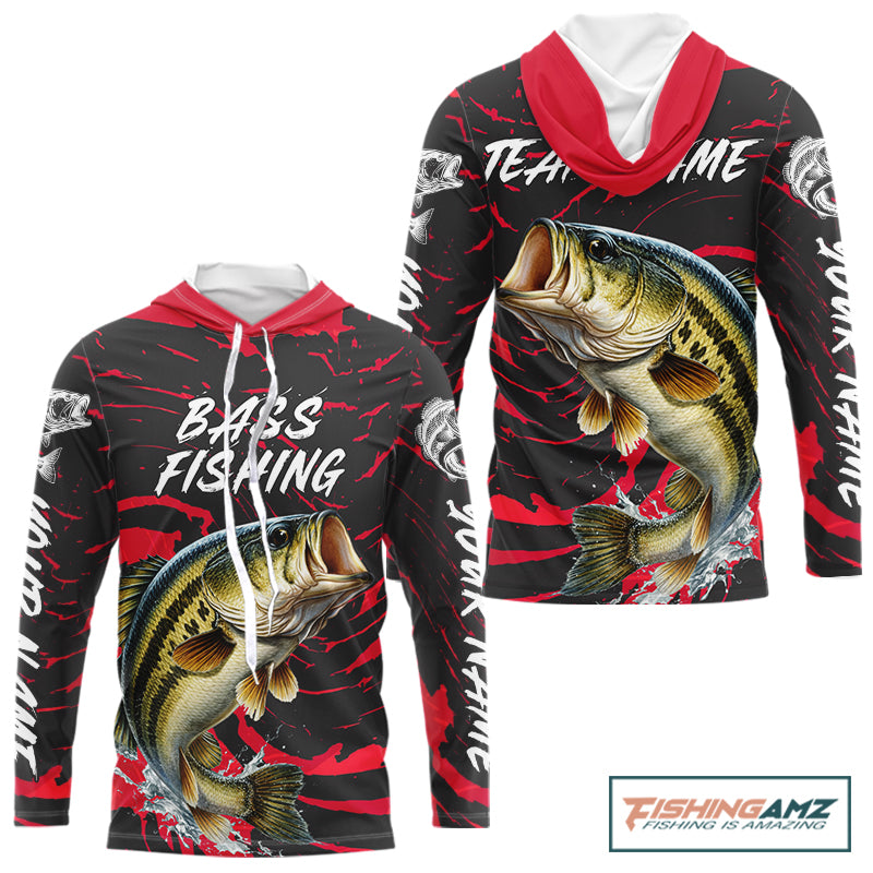 Custom Largemouth Bass Fishing Shirts Long Sleeve Hooded – Performance Tournament Jersey For Men| Red NHT769
