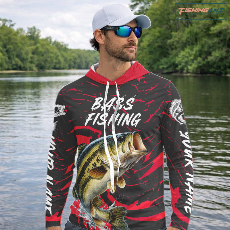 Custom Largemouth Bass Fishing Shirts Long Sleeve Hooded – Performance Tournament Jersey For Men| Red NHT769