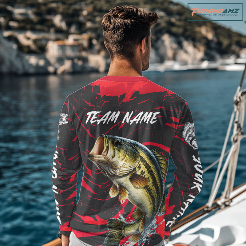 Custom Largemouth Bass Fishing Shirts Long Sleeve – Performance Tournament Jersey For Men| Red NHT769