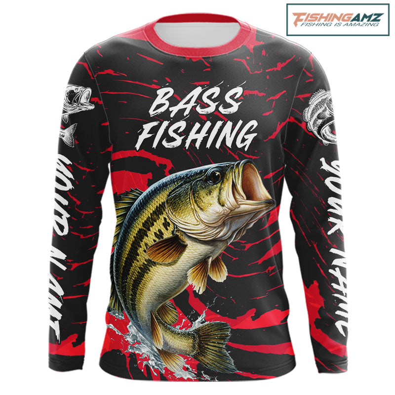 Custom Largemouth Bass Fishing Shirts Long Sleeve – Performance Tournament Jersey For Men| Red NHT769