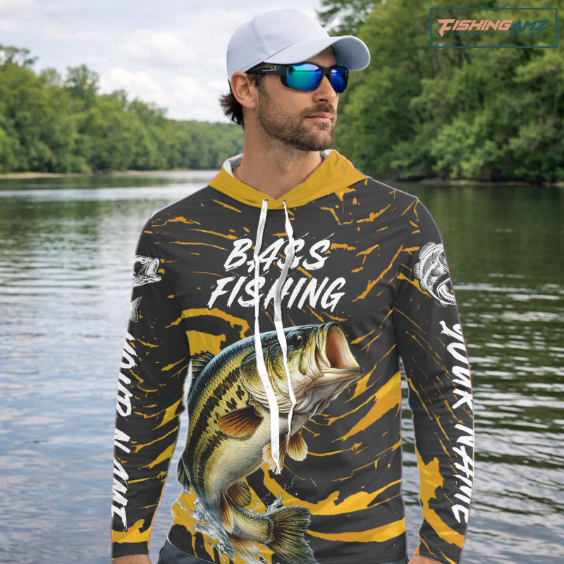 Custom Largemouth Bass Fishing Shirts Long Sleeve Hooded – Performance Tournament Jersey For Men| Yellow NHT770