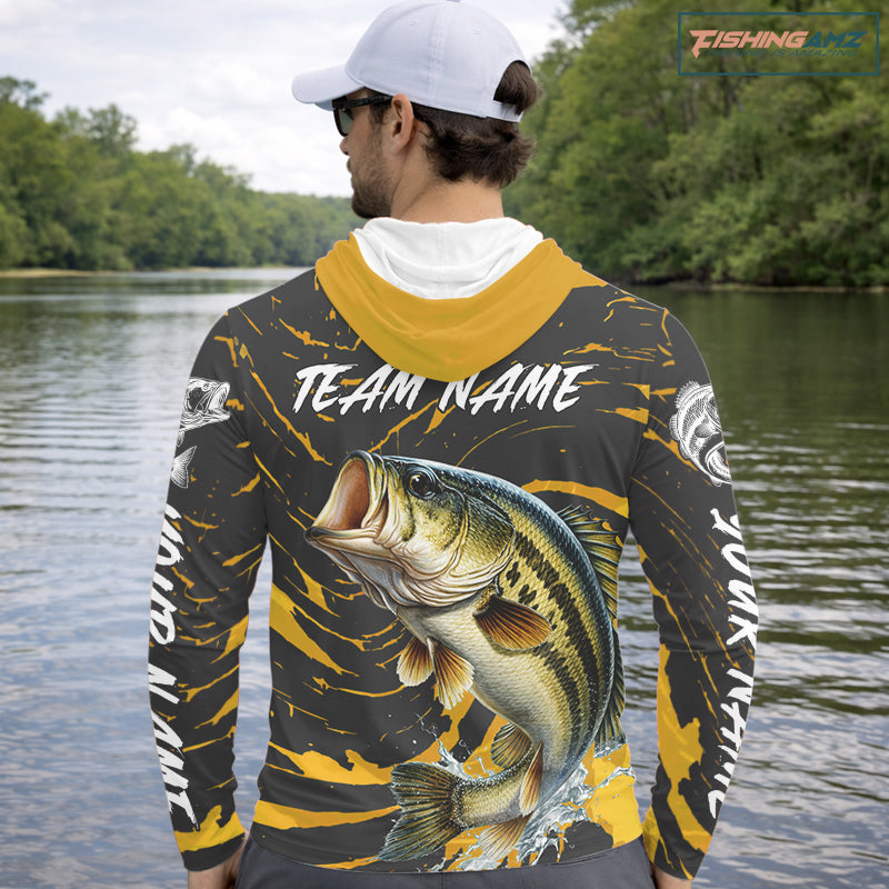 Custom Largemouth Bass Fishing Shirts Long Sleeve Hooded – Performance Tournament Jersey For Men| Yellow NHT770