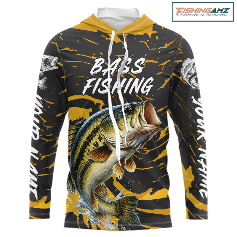 Custom Largemouth Bass Fishing Shirts Long Sleeve Hooded – Performance Tournament Jersey For Men| Yellow NHT770