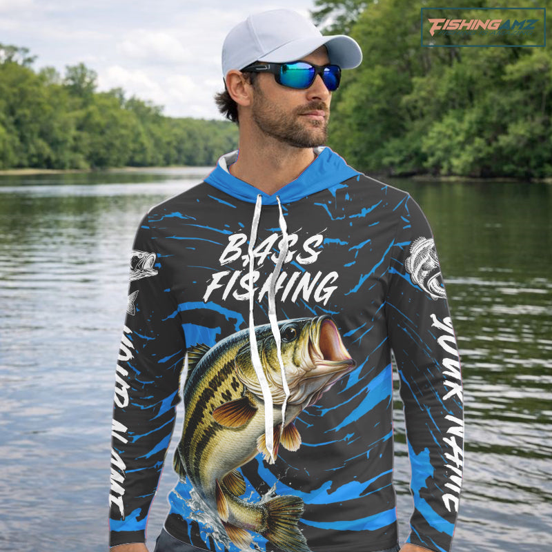 Custom Largemouth Bass Fishing Shirts Long Sleeve Hooded – Performance Tournament Jersey For Men| Blue NHT771