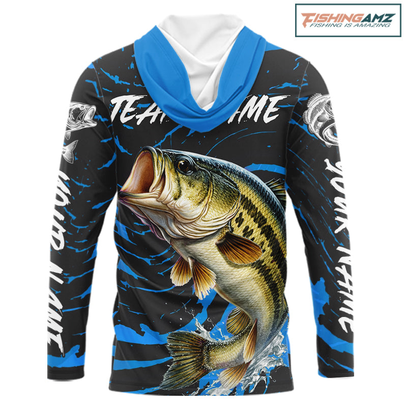 Custom Largemouth Bass Fishing Shirts Long Sleeve Hooded – Performance Tournament Jersey For Men| Blue NHT771