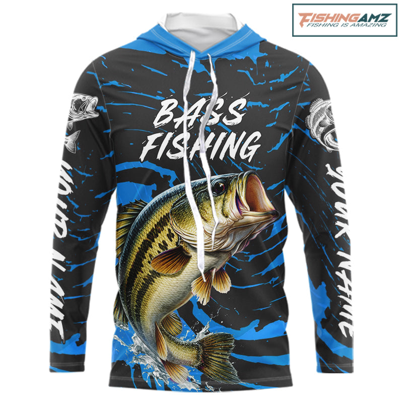 Custom Largemouth Bass Fishing Shirts Long Sleeve Hooded – Performance Tournament Jersey For Men| Blue NHT771