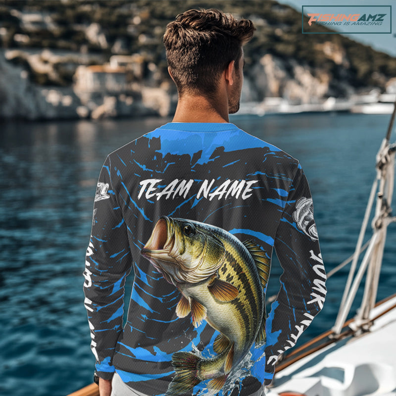 Custom Largemouth Bass Fishing Shirts Long Sleeve – Performance Tournament Jersey For Men| Blue NHT771