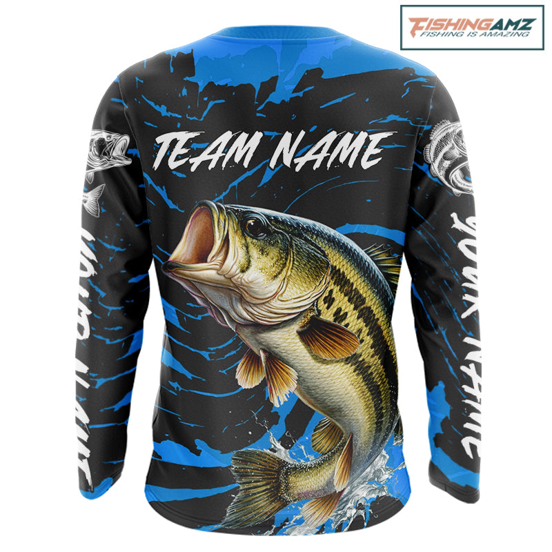 Custom Largemouth Bass Fishing Shirts Long Sleeve – Performance Tournament Jersey For Men| Blue NHT771