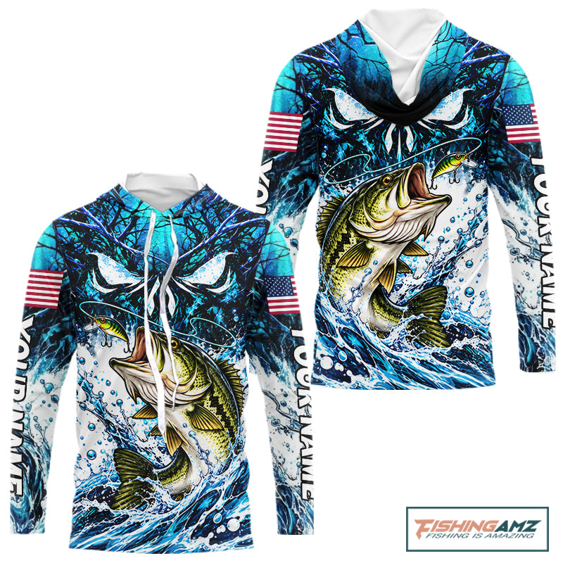 Jumping Bass Catch Lure Hooded Fishing Shirt Personalized Monster Eyes Splash Blue Water Outdoor Apparel NHT1733
