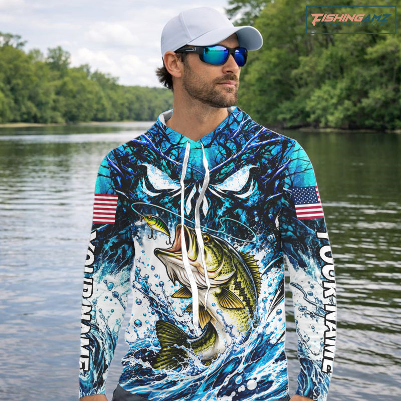 Jumping Bass Catch Lure Hooded Fishing Shirt Personalized Monster Eyes Splash Blue Water Outdoor Apparel NHT1733