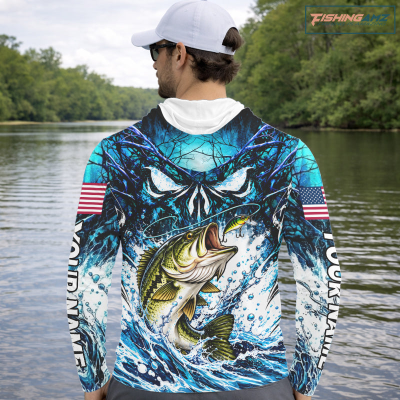 Jumping Bass Catch Lure Hooded Fishing Shirt Personalized Monster Eyes Splash Blue Water Outdoor Apparel NHT1733