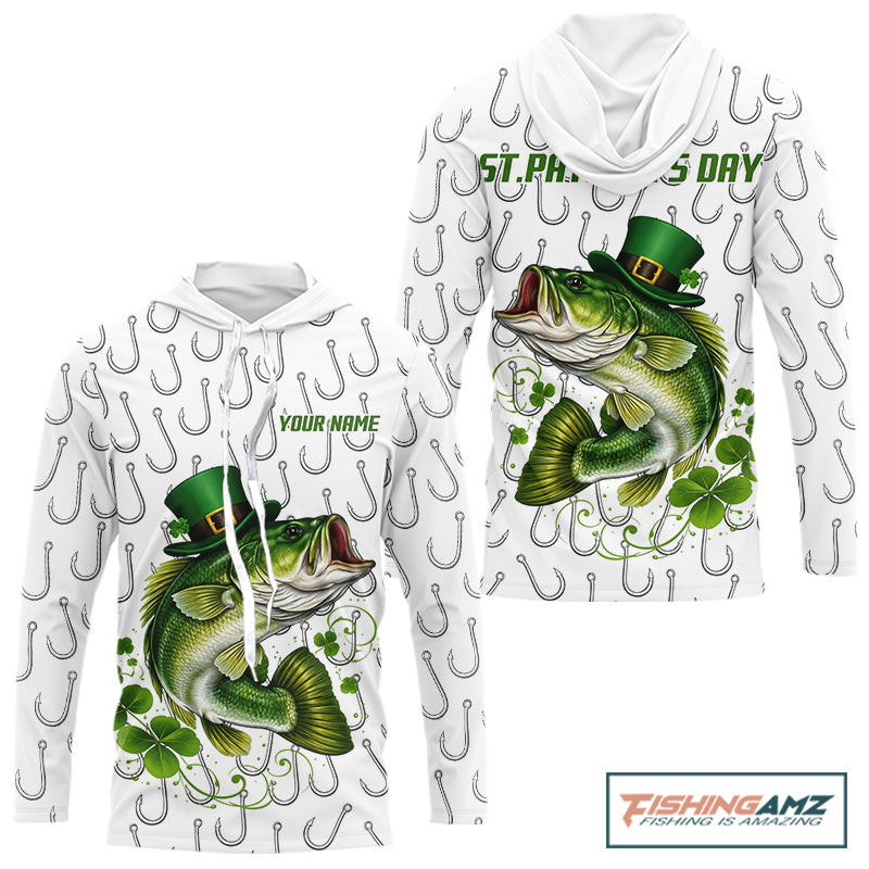 Custom St Patrick's Day Bass Fishing Hooded Long Sleeve Shirt For Men, Performance Fishing Shirts NHT423
