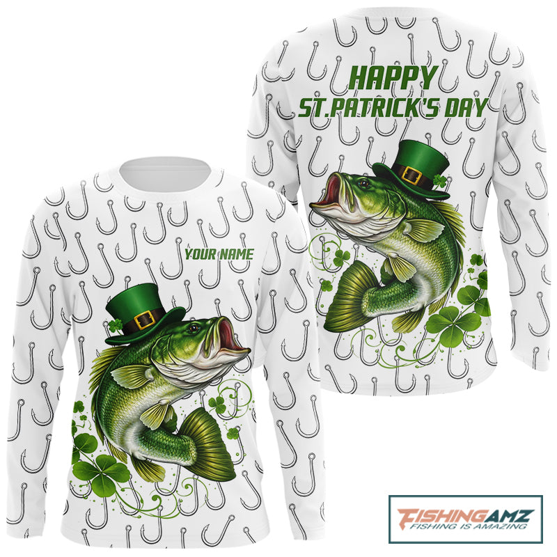 Custom St Patrick's Day Bass Fishing Long Sleeve Shirt For Men, Performance Fishing Shirts NHT423