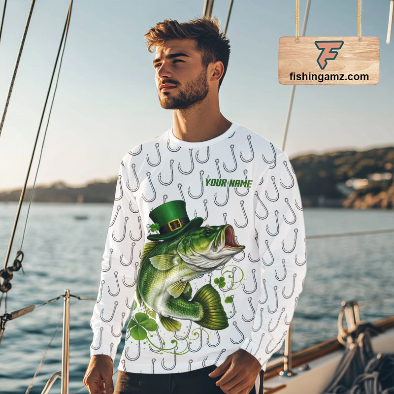 Custom St Patrick's Day Bass Fishing Long Sleeve Shirt For Men, Performance Fishing Shirts NHT423