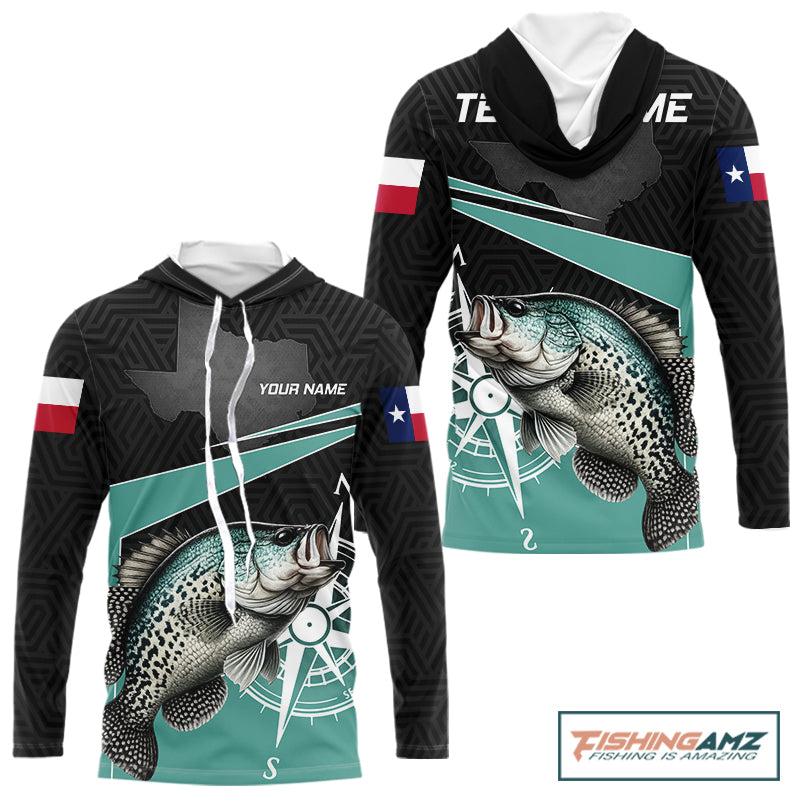 Texas Crappie Fishing Jersey, Texas Flag Patriot Custom Name Hooded Fishing Shirts Long Sleeve NHT568