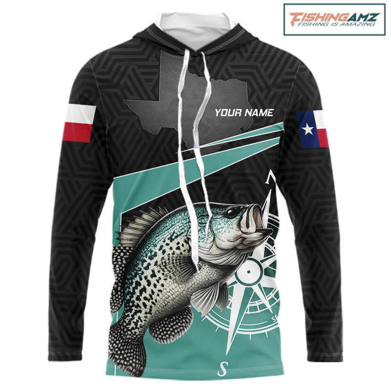 Texas Crappie Fishing Jersey, Texas Flag Patriot Custom Name Hooded Fishing Shirts Long Sleeve NHT568