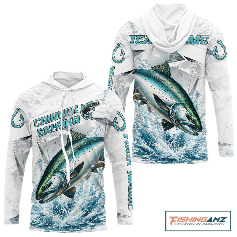 Personalized Chinook Salmon Fishing Jerseys, Salmon Hooded Long Sleeve Fishing Shirts For Men NHT571