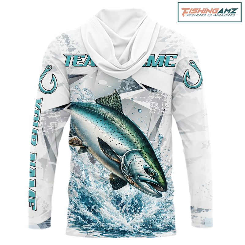 Personalized Chinook Salmon Fishing Jerseys, Salmon Hooded Long Sleeve Fishing Shirts For Men NHT571