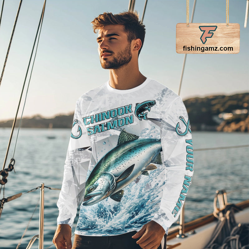 Personalized Chinook Salmon Fishing Jerseys, Salmon Long Sleeve Fishing Shirts For Men NHT571