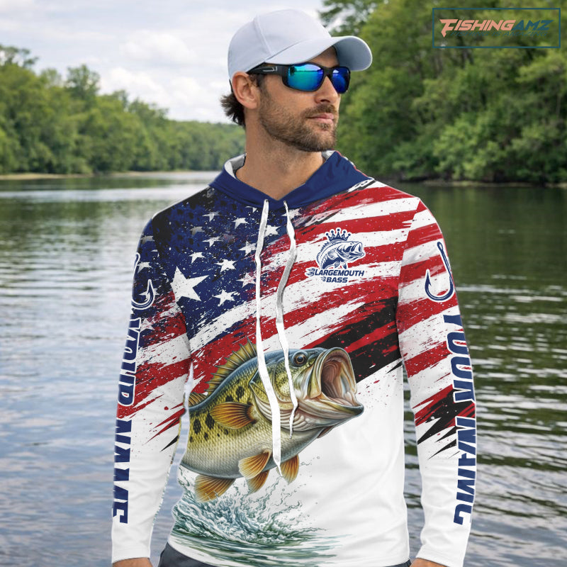 Personalized Patriotic Bass Fishing Shirts Long Sleeve Hooded, American Flag Fishing Jerseys For Men NHT773