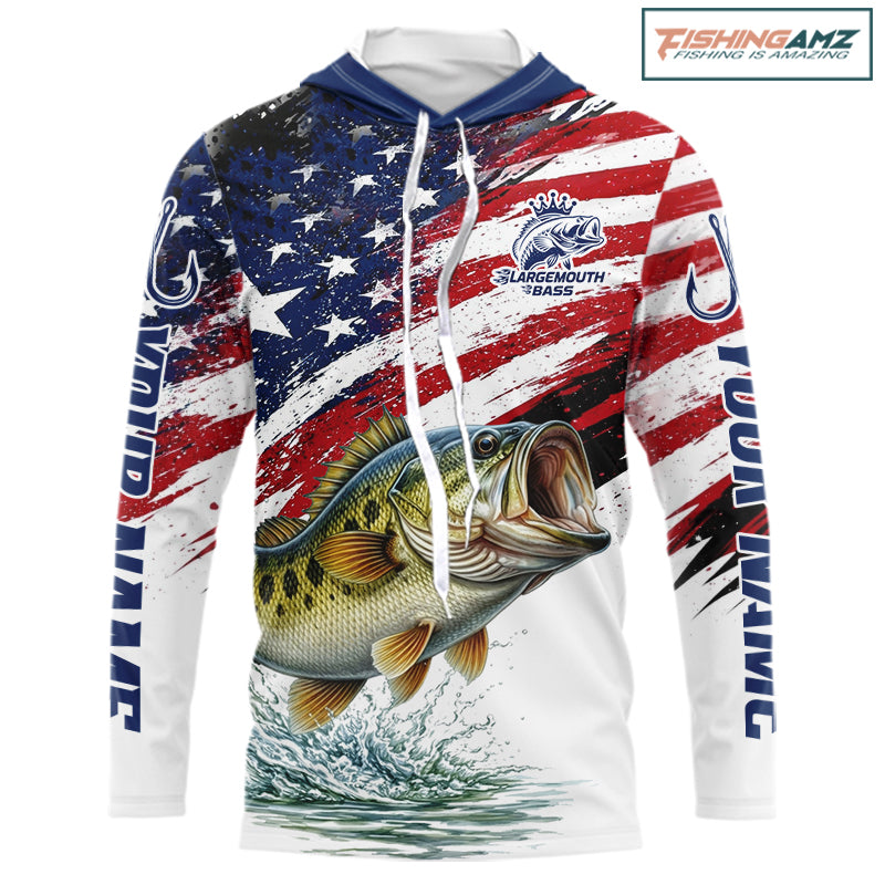 Personalized Patriotic Bass Fishing Shirts Long Sleeve Hooded, American Flag Fishing Jerseys For Men NHT773