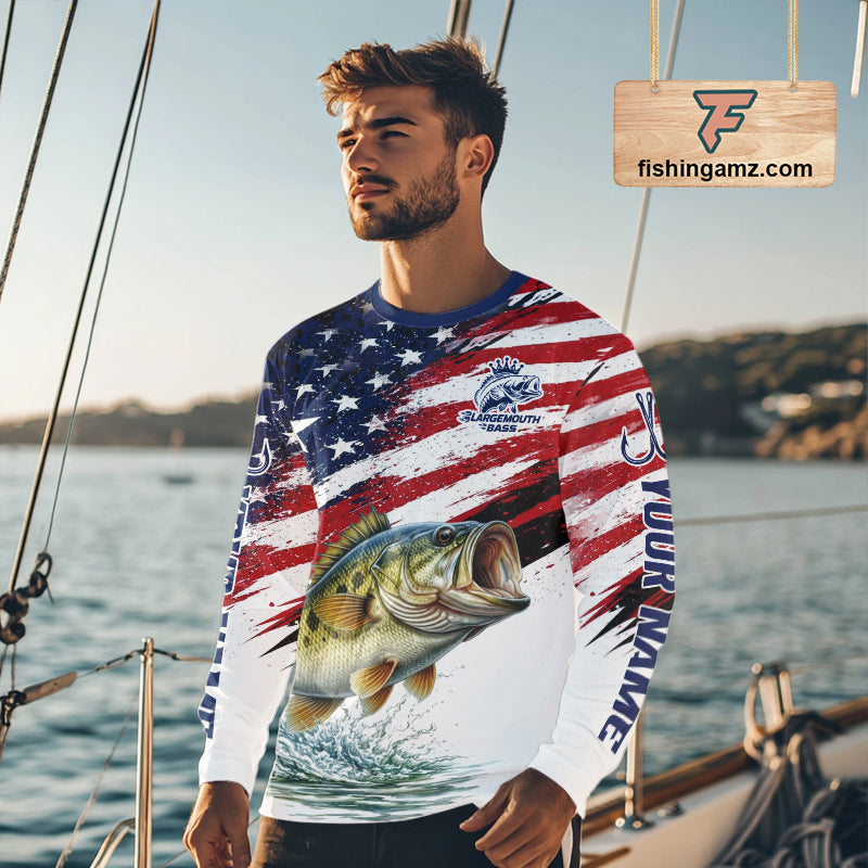 Personalized Patriotic Bass Fishing Shirts Long Sleeve, American Flag Fishing Jerseys For Men NHT773