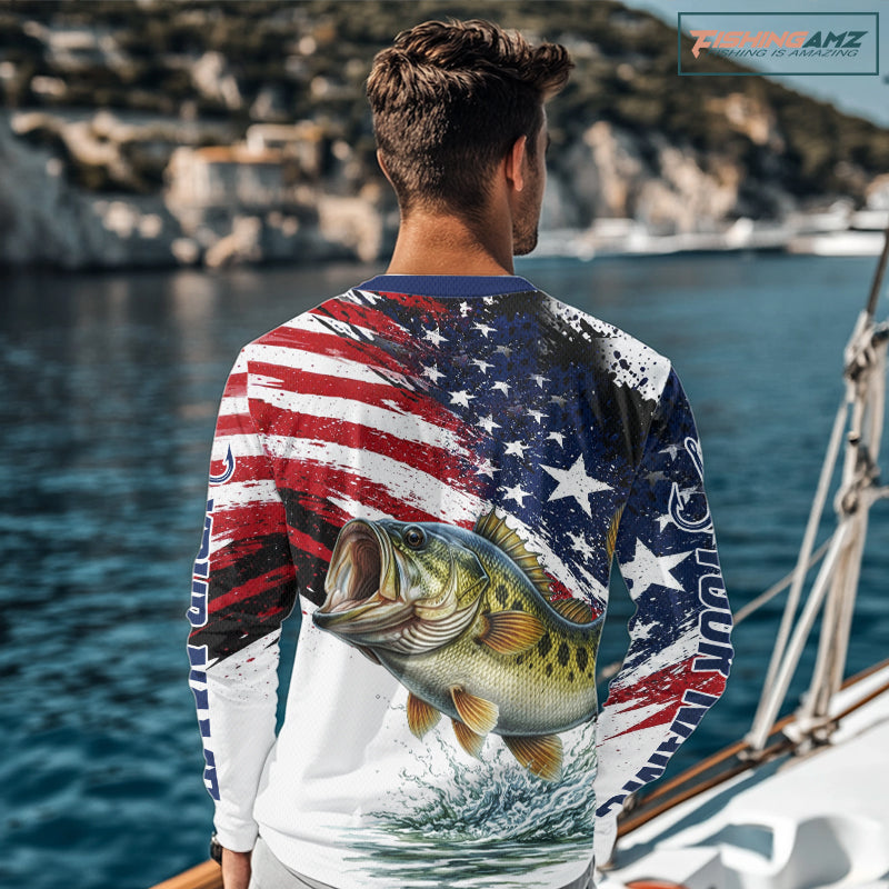 Personalized Patriotic Bass Fishing Shirts Long Sleeve, American Flag Fishing Jerseys For Men NHT773