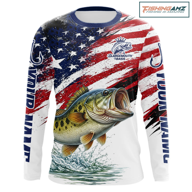 Personalized Patriotic Bass Fishing Shirts Long Sleeve, American Flag Fishing Jerseys For Men NHT773