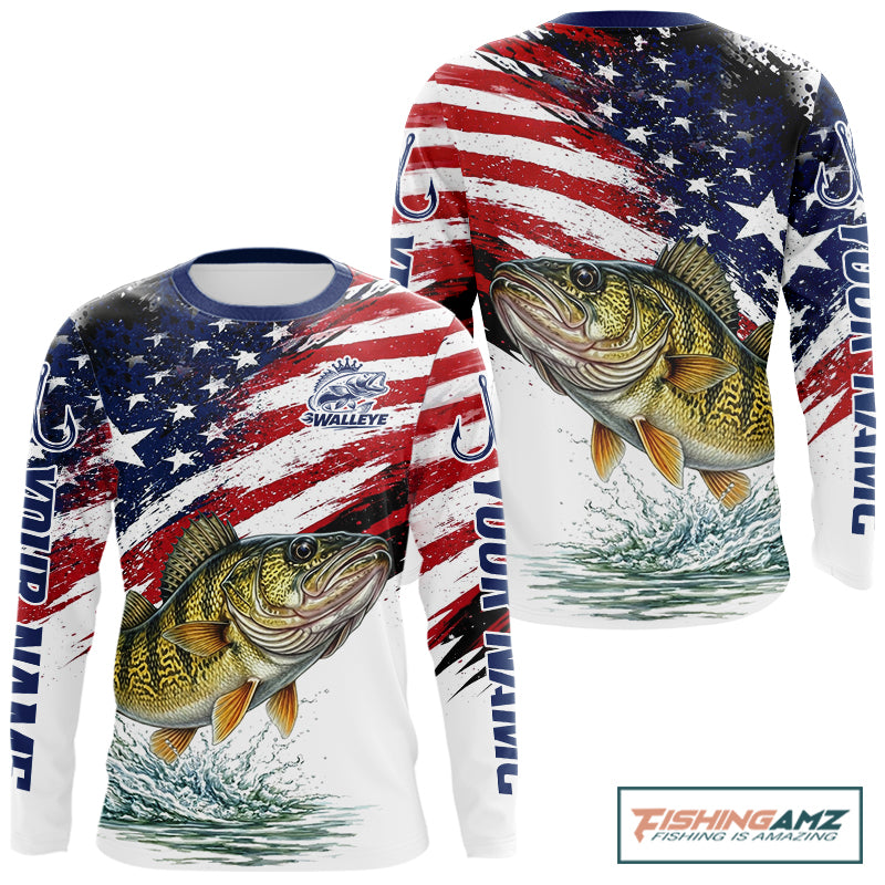 Personalized Patriotic Walleye Fishing Shirts Long Sleeve, American Flag Fishing Jerseys For Men NHT774