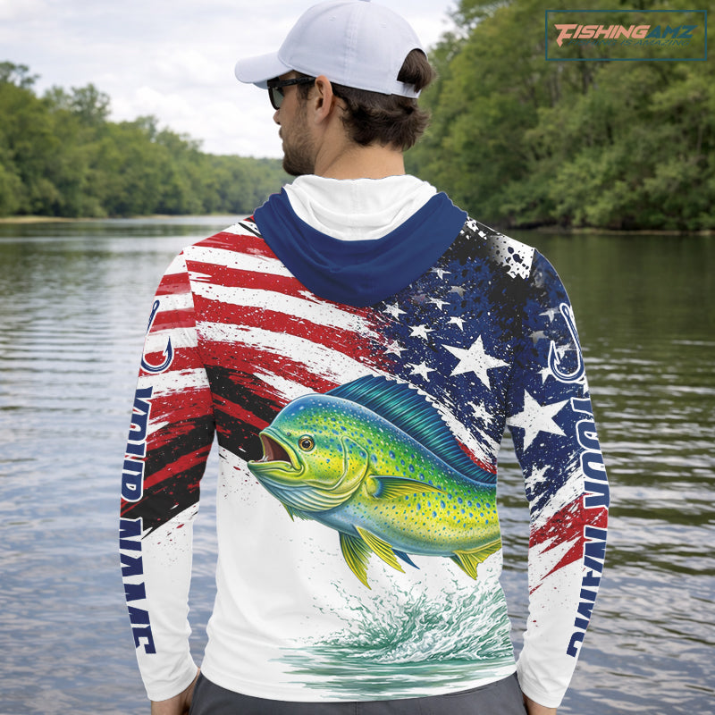 Personalized Patriotic Mahi Mahi( Dorado) Fishing Shirts Long Sleeve Hooded, American Flag Fishing Jerseys For Men NHT775