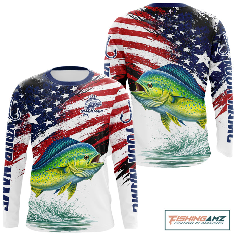 Personalized Patriotic Mahi Mahi( Dorado) Fishing Shirts Long Sleeve , American Flag Fishing Jerseys For Men NHT775