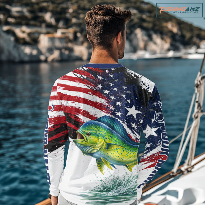 Personalized Patriotic Mahi Mahi( Dorado) Fishing Shirts Long Sleeve , American Flag Fishing Jerseys For Men NHT775