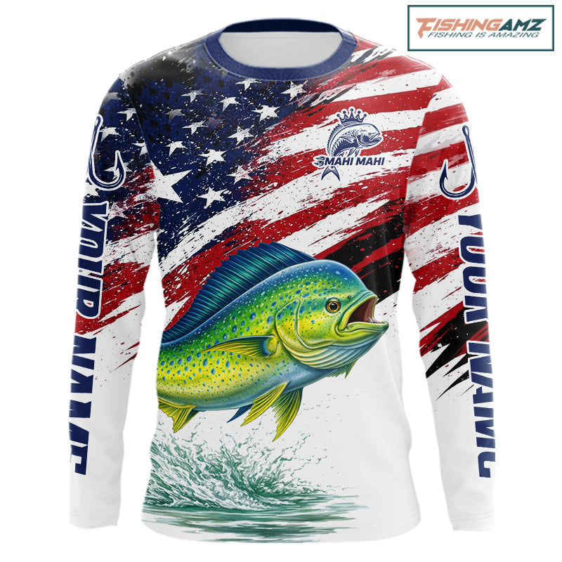 Personalized Patriotic Mahi Mahi( Dorado) Fishing Shirts Long Sleeve , American Flag Fishing Jerseys For Men NHT775