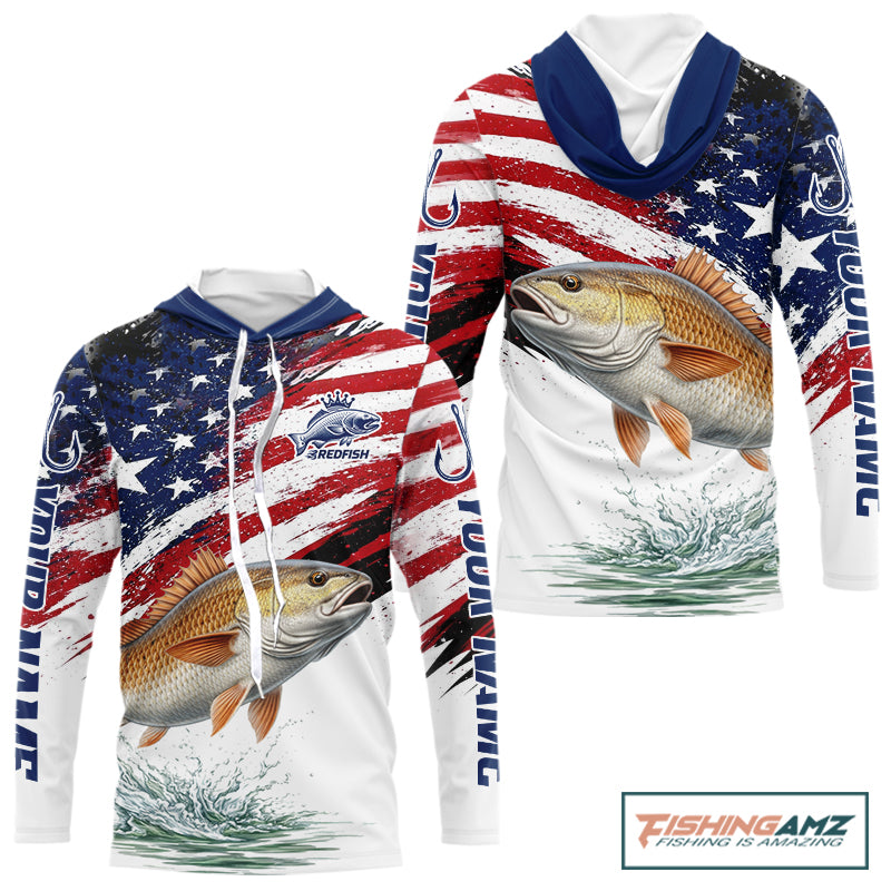 Personalized Patriotic Redfish Fishing Shirts Long Sleeve Hooded, American Flag Fishing Jerseys For Men NHT776