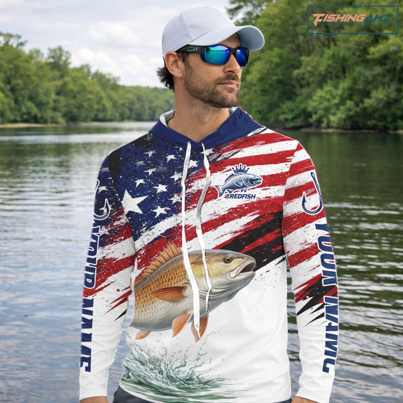 Personalized Patriotic Redfish Fishing Shirts Long Sleeve Hooded, American Flag Fishing Jerseys For Men NHT776
