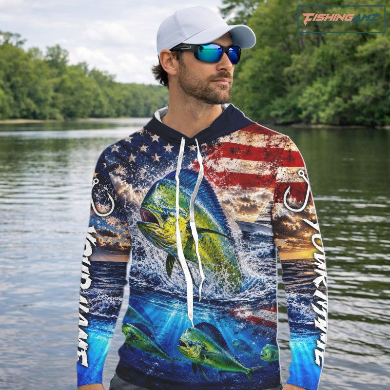 Personalized Dolphin Fish Patriotics Jersey Mahi Mahi Long Sleeve Hooded Fishing Shirt Apparel NHT1105