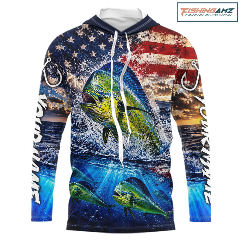 Personalized Dolphin Fish Patriotics Jersey Mahi Mahi Long Sleeve Hooded Fishing Shirt Apparel NHT1105