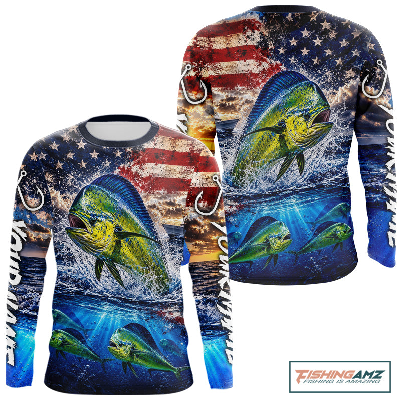 Personalized Dolphin Fish Patriotics Jersey Mahi Mahi Long Sleeve Fishing Shirt Apparel NHT1105