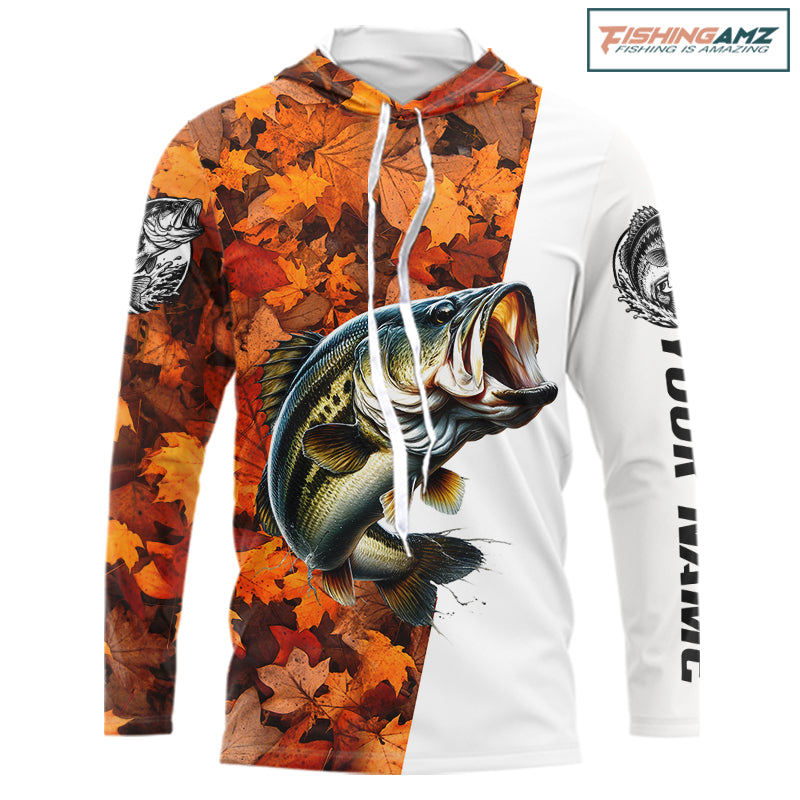 Autumn Bass Hooded Fishing Shirt For Men, Fall Largemouth Bass Long Sleeve Fishing Jersey NHT1757