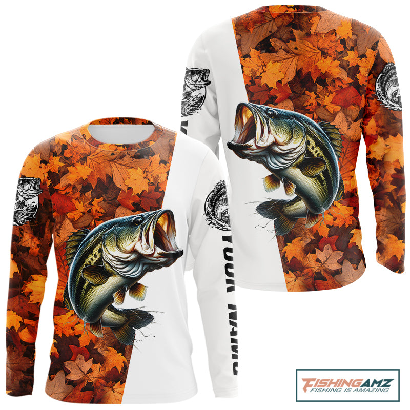 Autumn Bass Fishing Shirt For Men, Fall Largemouth Bass Long Sleeve Fishing Jersey NHT1757