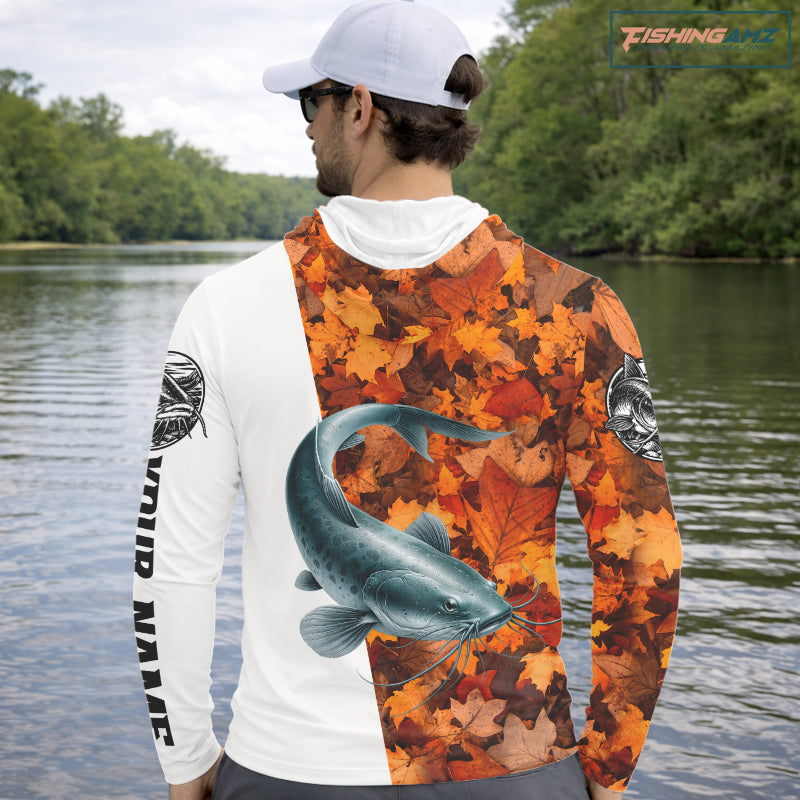 Autumn Catfish Hooded Fishing Shirt For Men, Fall Catfish Long Sleeve Fishing Jersey NHT1758