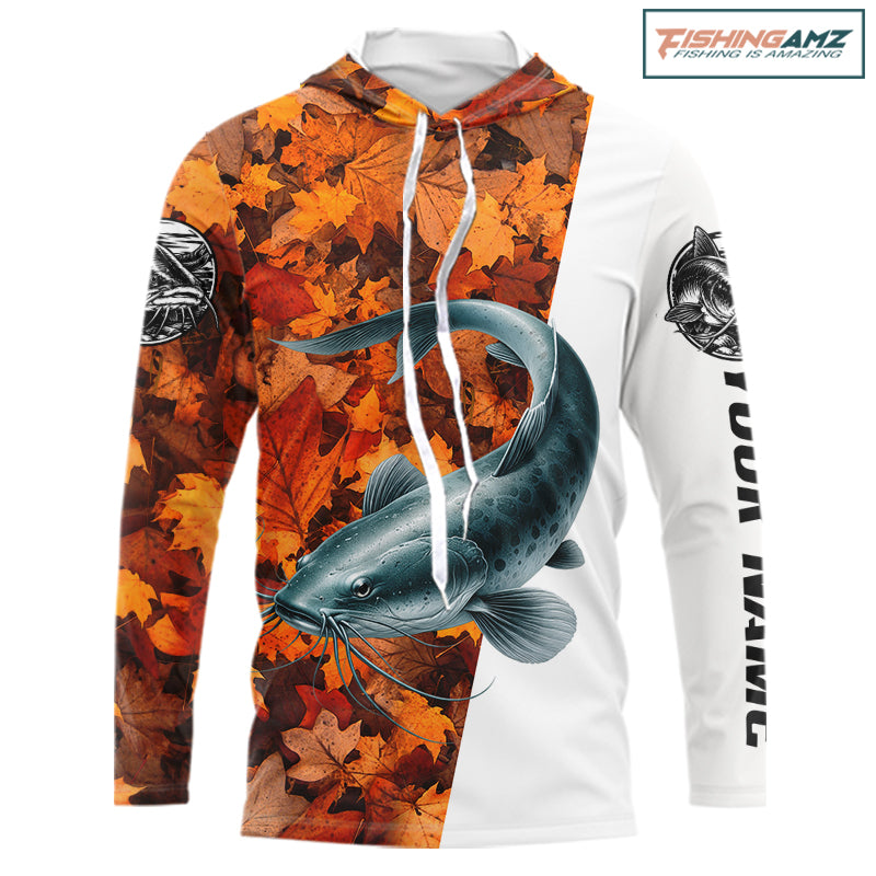 Autumn Catfish Hooded Fishing Shirt For Men, Fall Catfish Long Sleeve Fishing Jersey NHT1758