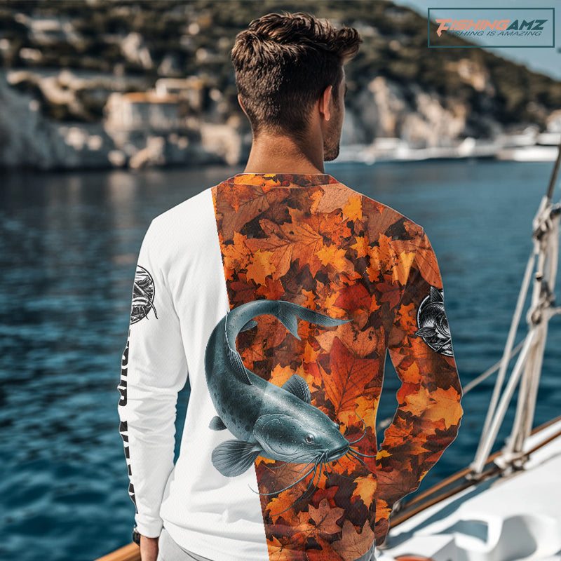 Autumn Catfish Fishing Shirt For Men, Fall Catfish Long Sleeve Fishing Jersey NHT1758