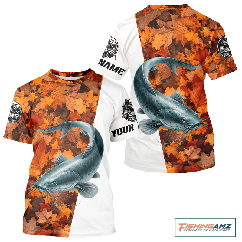 Autumn Catfish Fishing Shirt For Men, Fall Catfish Short Sleeve Fishing Jersey NHT1758