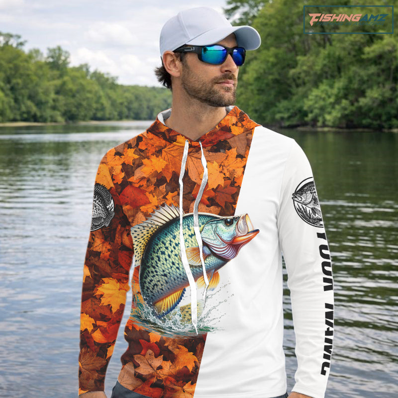 Autumn Crappie Hooded Fishing Shirt For Men, Fall Crappie Long Sleeve Fishing Jersey NHT1759