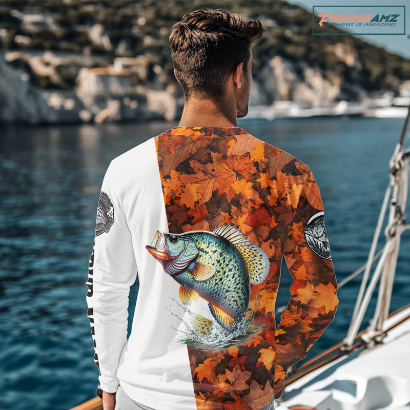 Autumn Crappie Fishing Shirt For Men, Fall Crappie Long Sleeve Fishing Jersey NHT1759